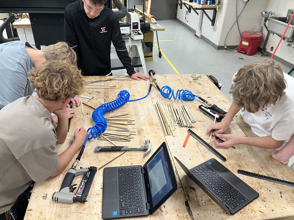 9th Grade Construction Tech class has been learning how to read blueprints and the basic components of a wall and roof. As they now try to apply this knowledge into a scale model of a shed. 