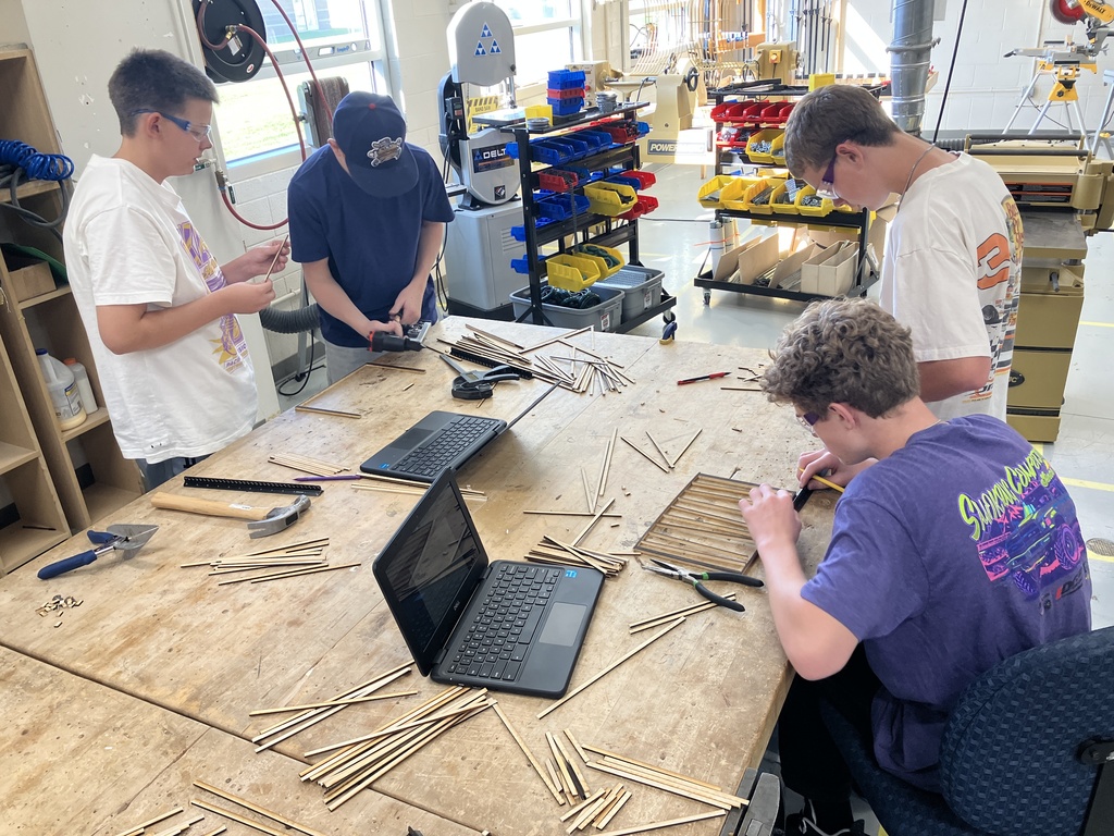 9th Grade Construction Tech class has been learning how to read blueprints and the basic components of a wall and roof. As they now try to apply this knowledge into a scale model of a shed. 