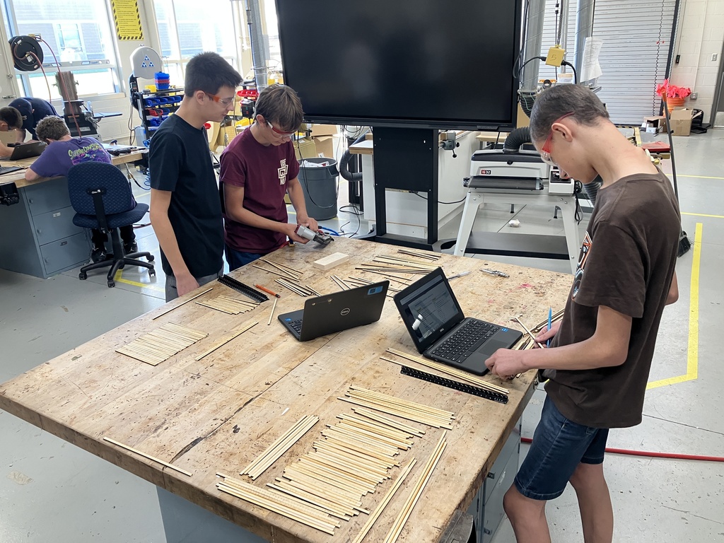 9th Grade Construction Tech class has been learning how to read blueprints and the basic components of a wall and roof. As they now try to apply this knowledge into a scale model of a shed. 