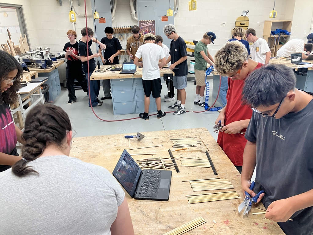 9th Grade Construction Tech class has been learning how to read blueprints and the basic components of a wall and roof. As they now try to apply this knowledge into a scale model of a shed. 