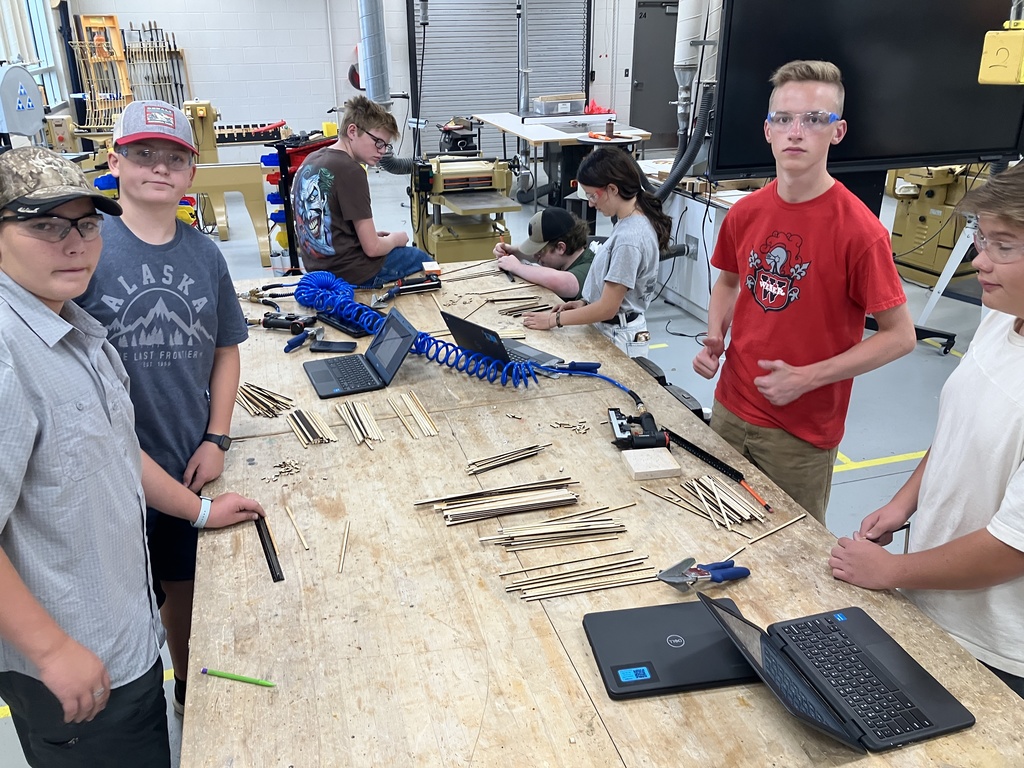 9th Grade Construction Tech class has been learning how to read blueprints and the basic components of a wall and roof. As they now try to apply this knowledge into a scale model of a shed. 