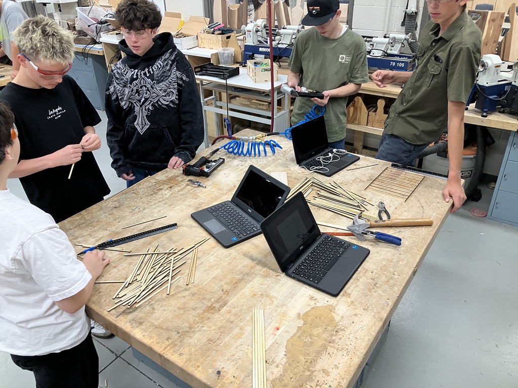 9th Grade Construction Tech class has been learning how to read blueprints and the basic components of a wall and roof. As they now try to apply this knowledge into a scale model of a shed. 