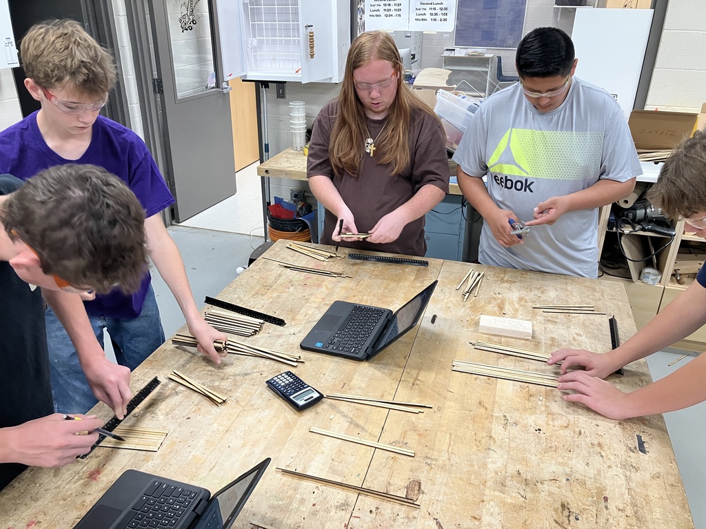 9th Grade Construction Tech class has been learning how to read blueprints and the basic components of a wall and roof. As they now try to apply this knowledge into a scale model of a shed. 
