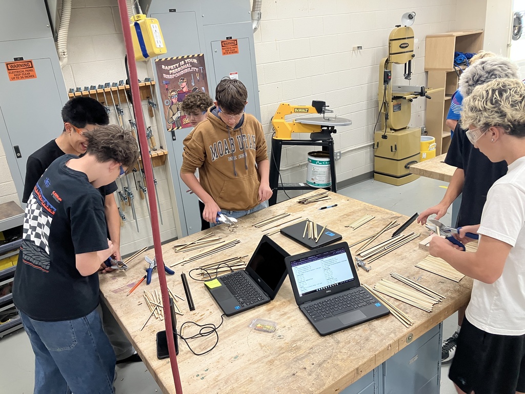9th Grade Construction Tech class has been learning how to read blueprints and the basic components of a wall and roof. As they now try to apply this knowledge into a scale model of a shed. 