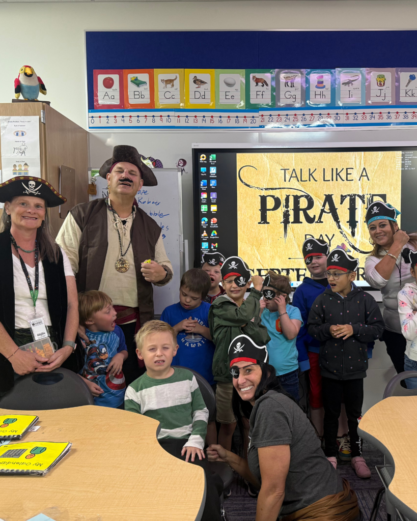 Elementary school students celebrating Pirate Day.