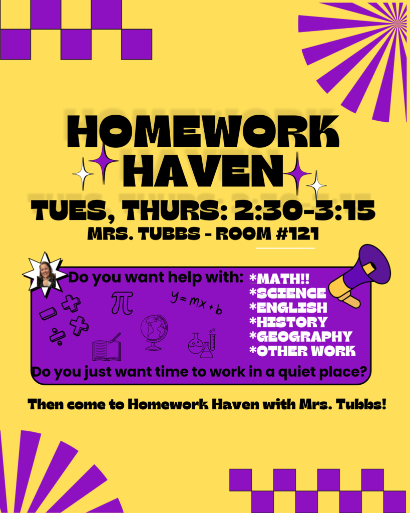 Knights! Need help with your homework? We are excited to announce that on Tuesdays and Thursdays, students can get help after school in Ms. Tubb's classroom! Take advantage of a chance to ask questions and get help with your classes.
