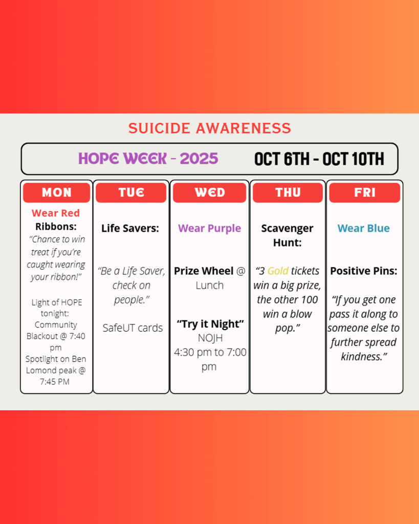 Hope Week is next week! 🌟 Check out the daily activities and join us in spreading awareness and positivity.