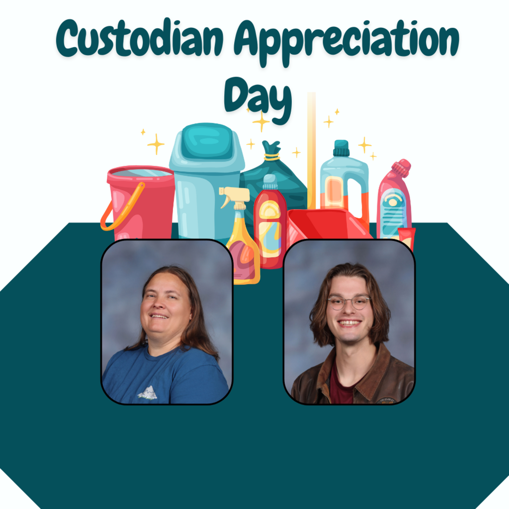 A Custodian Appreciation Day graphic features two headshots: one of a woman with long brown hair smiling in a blue shirt, and another of a man with long brown hair and glasses smiling in a brown jacket. Above them are cartoon illustrations of cleaning supplies, including a red bucket, a blue trash can, trash bags, spray bottles, and detergent bottles, all with sparkling accents. The text "Custodian Appreciation Day" is prominently displayed in a teal, playful font at the top of the image.