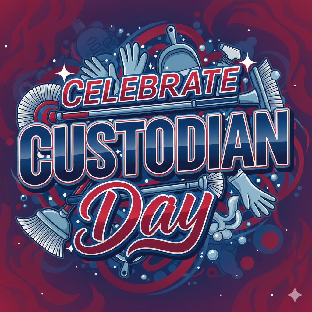 Red and blue sign that says celebrate Custodian day