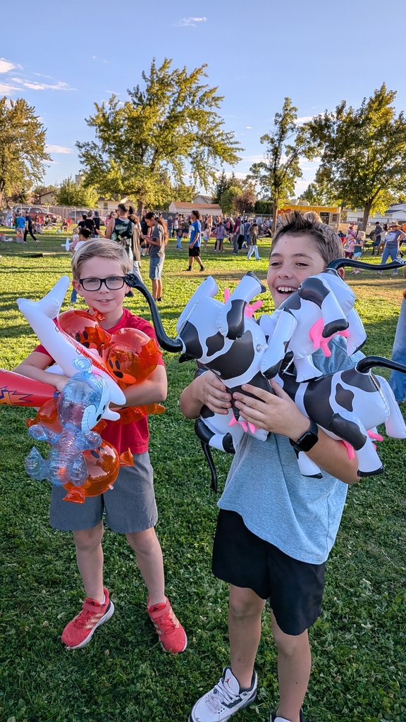 Two boys holding blow up animals from a carnival game