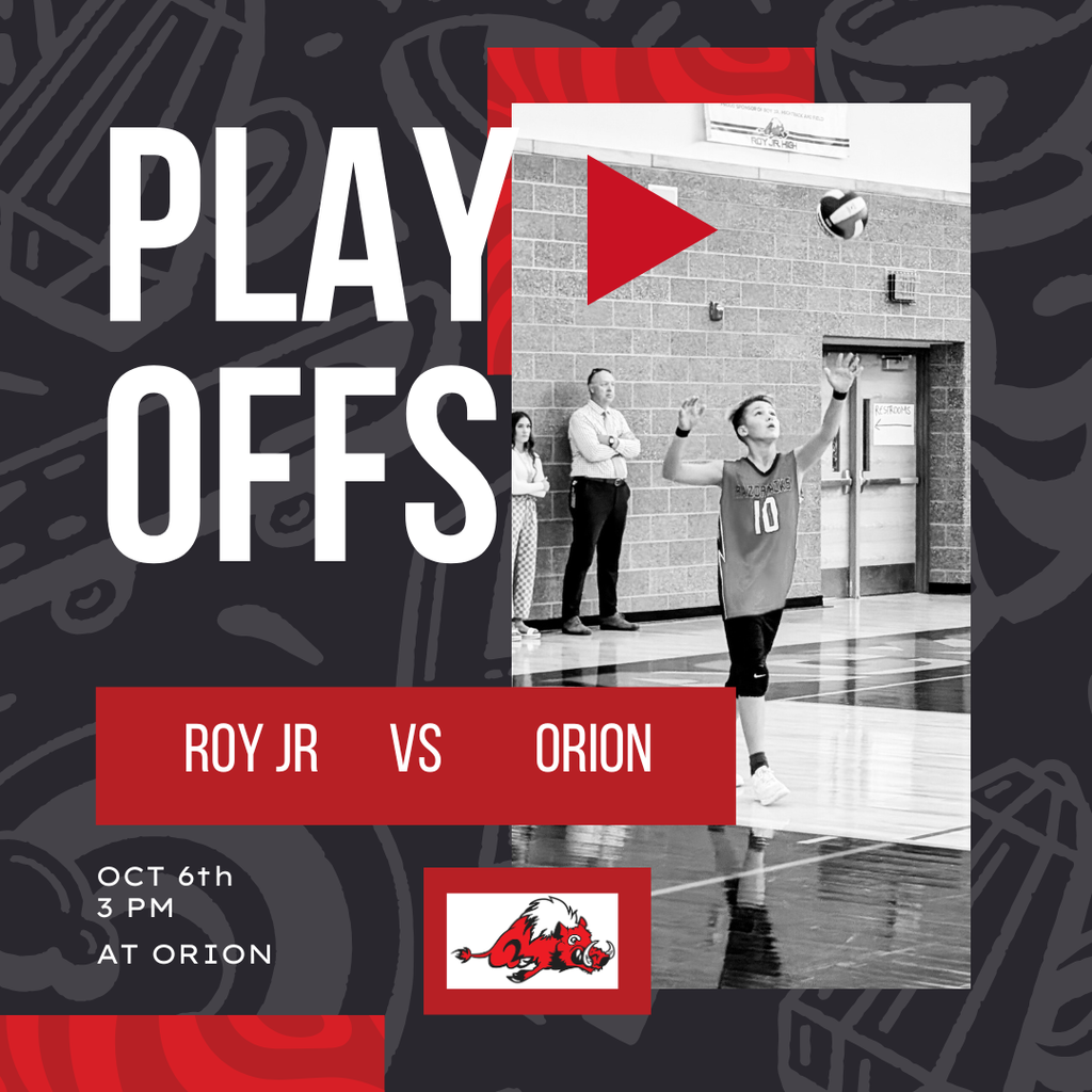 Photo of roy jr boy volleyball player serving, details include Play off, roy jr vs orion, Oct 6th 3 pm at orion