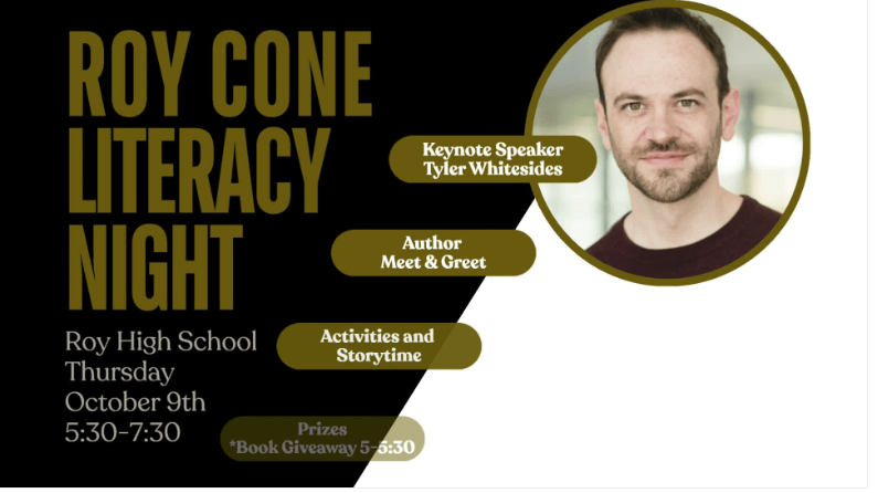 Get ready to turn some pages and make some memories! 📚✨ Roy Cone Literacy Night is almost here and it's going to be EPIC! Join us for a fantastic evening with Keynote Speaker Tyler Whitesides, an author meet & greet, activities, storytime, and prizes! Plus, a FREE book giveaway from 5-5:30 PM!  🗓️ Thursday, October 9th ⏰ 5:30-7:30 PM (Book giveaway starts at 5!) 📍 Roy High School  Don't miss out on the fun! Tag a friend you want to bring! 👇