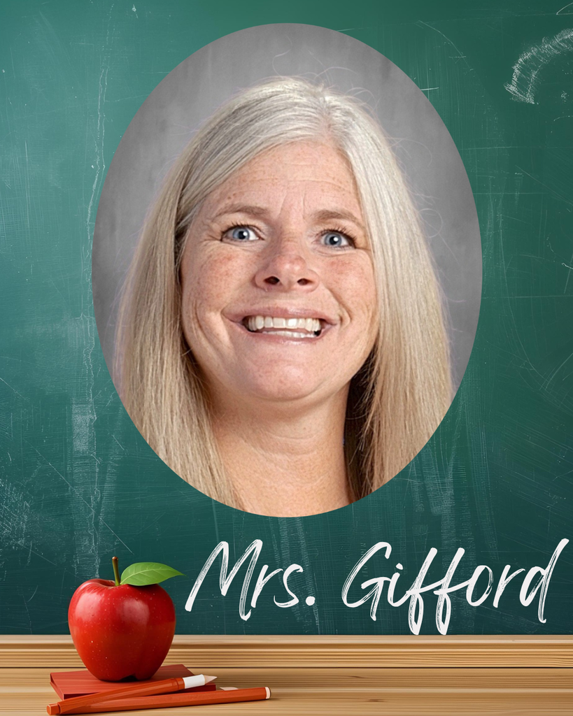 Picture of Mrs. Gifford, Bates Elementary Instructional Coach with the background of a chalkboard and an apple.  