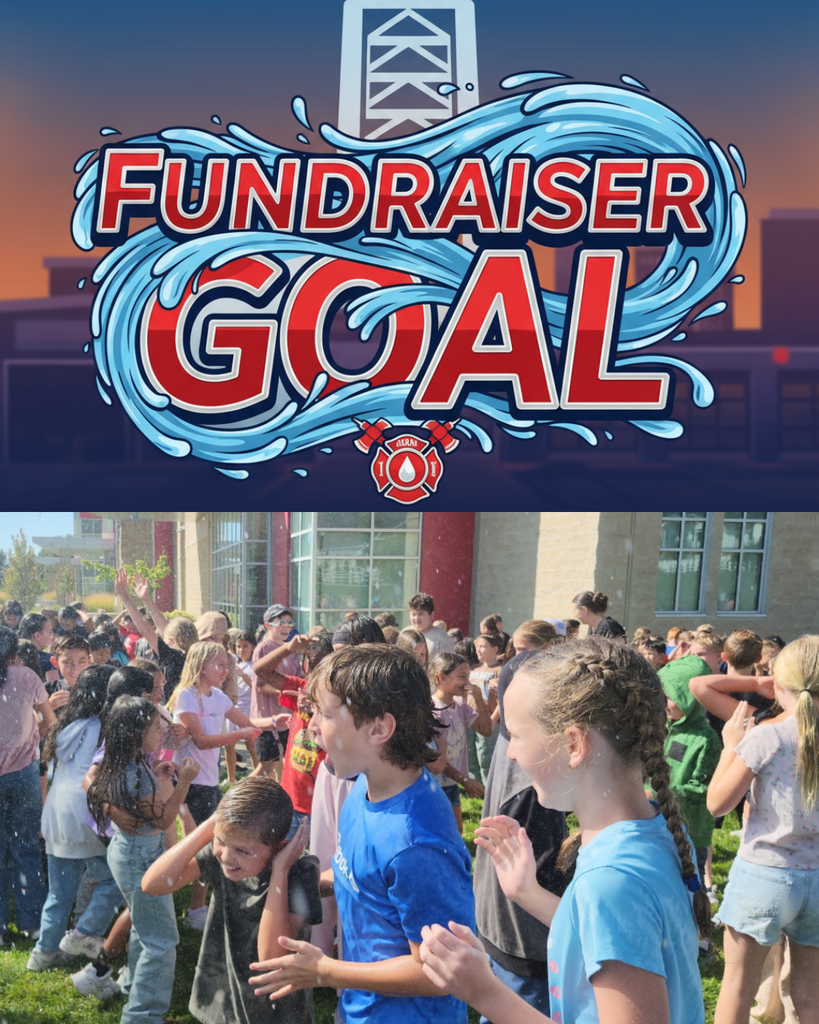 A composite image celebrating a "Fundraiser Goal." The top half features the words "Fundraiser Goal" in stylized, water-splashed lettering against a backdrop of a school building. The bottom half is a photo of a large group of cheering elementary school children getting sprayed with water outdoors.