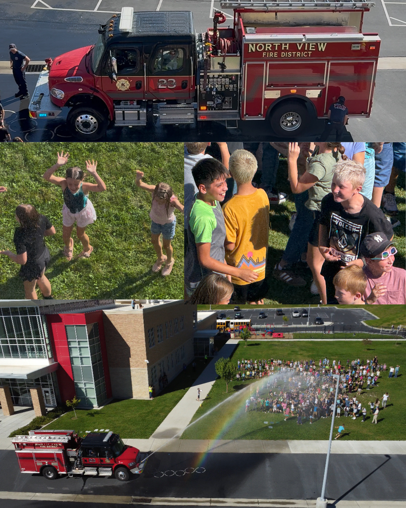 A collage of four images from a school event with a firetruck. The top photo shows an aerial view of a North View Fire District firetruck. The two middle photos show close-ups of excited children, some dancing under a spray of water and others smiling together. The bottom photo is a wide shot of the firetruck spraying a large arc of water over a crowd of students gathered on the school's lawn.