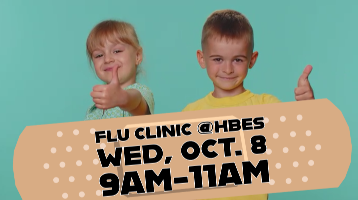 Two smiling young children, a boy and a girl, stand against a teal background, each giving a thumbs-up sign. A large, beige cartoon bandage covers the lower part of the image, containing the text: "FLU CLINIC @HBES WED, OCT. 8 9AM-11AM".