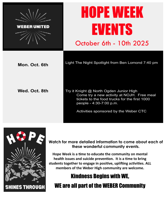 Flyer for hope week announcing light the night on October 6th and Try it Knight on October 8th.