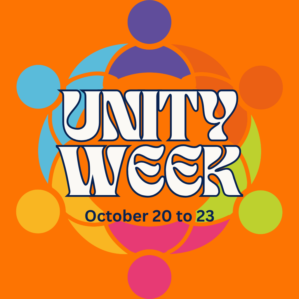 A vibrant orange graphic for **Unity Week**. The background features a large, abstract design of overlapping circles and silhouettes in various colors, including purple, blue, cyan, yellow, pink, and orange, symbolizing people or community. The text "**UNITY WEEK**" is in the center in large, playful, white bubble letters with a dark blue outline. Below the main text, it reads "**October 20 to 23**" in smaller, black text.