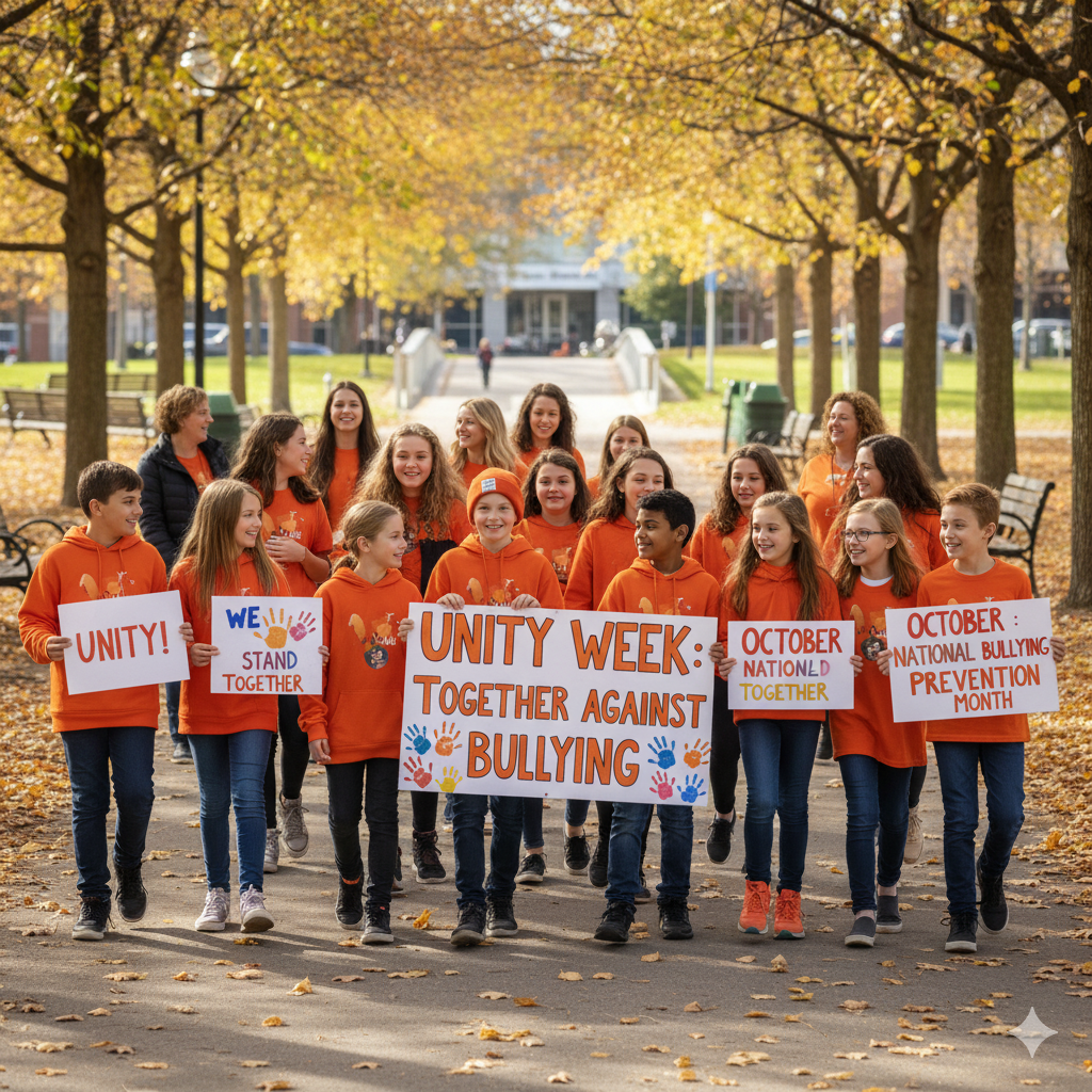 Students and teachers, participate in Unity Week by marching through a park. They are dressed in orange and holding anti-bullying signs, symbolizing their commitment to a positive and united school environment during October: National Bullying Prevention Month.