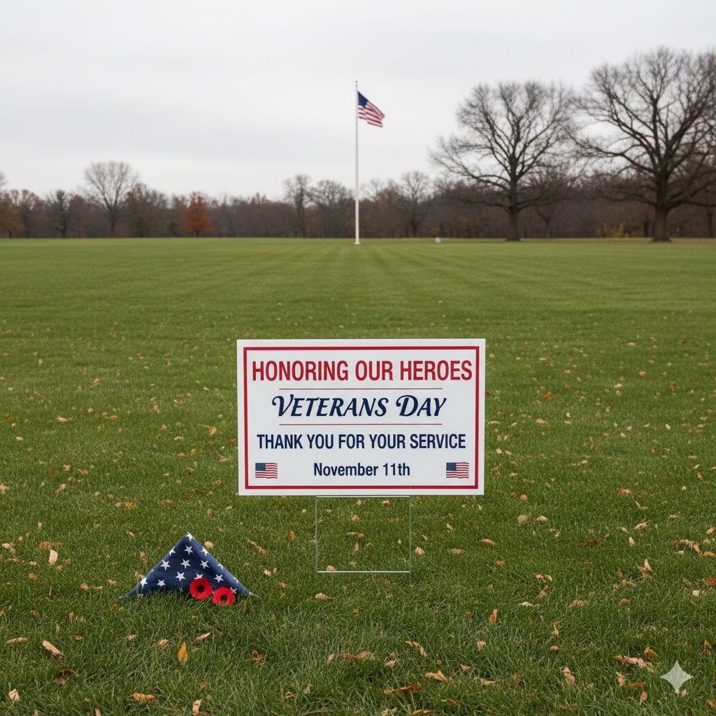 A large, respectful banner honoring veterans, placed outdoors with an American flag standing nearby, surrounded by green grass and autumn trees.