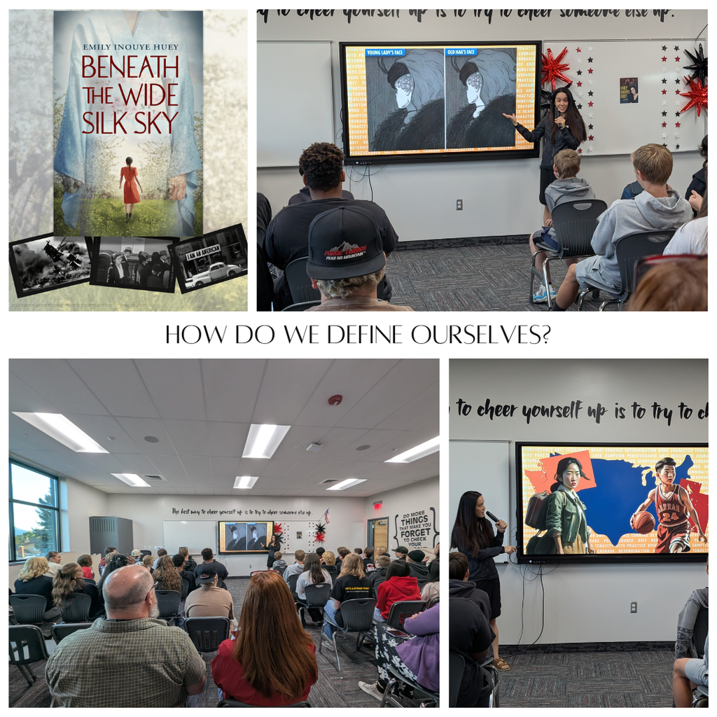 photos of literacy week author Emily Huey visit. How do we define ourselves?