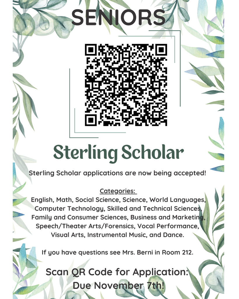 Sterling Scholar applications are now being accepted.  If you would like more information  email Mrs. Berni, or come talk to her in Room 212.