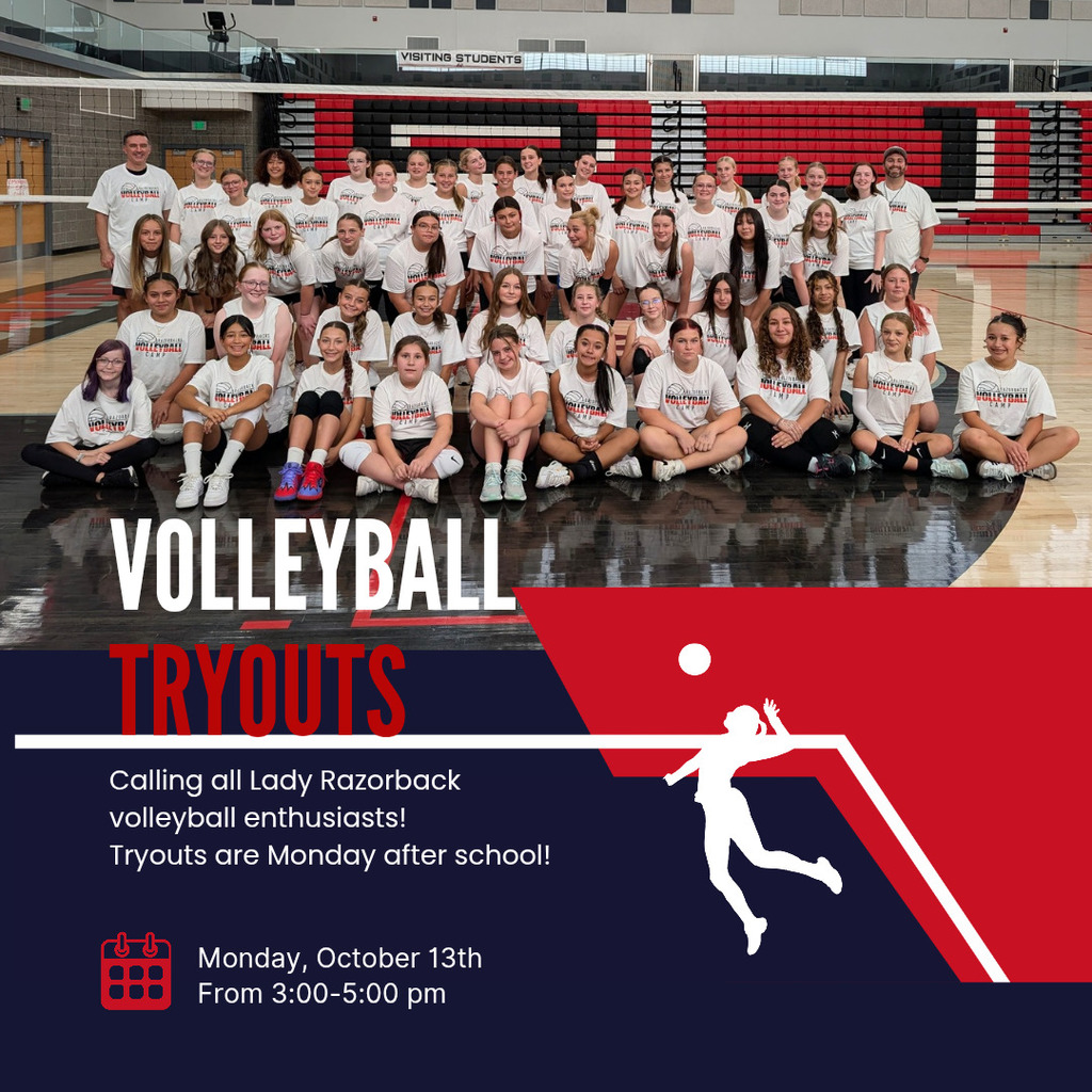 photo of girls from volleyball clinics, volleyball tryouts. calling all Lady Razorback volleyball enthusiasts. tryouts are Monday after school. Monday October 13th from 3-5pm