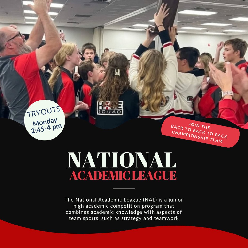 photo of Rjh nal team winning district championship game. national academic League is a Jr high academic competition program that combined academic knowledge with aspects of team sports such as strategy and teamwork. join the back to back to back district champions. tryouts Monday 245-4pm