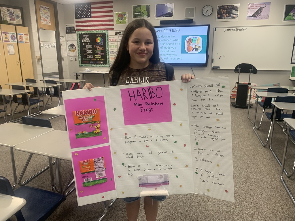 Health classes have been learning about the harmful effects of sugar on our health. Students created a Sugar Shocker Board to draw attention to the amount of added sugar in our processed foods.  The American Heart Association recommends men not to exceed 9 tsps. of sugar per day and females and children under 18 not to exceed 6 tsps. per day. Students measured out the number of teaspoons in some of their favorite products and displayed the information in the library.