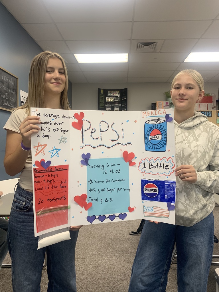 Health classes have been learning about the harmful effects of sugar on our health. Students created a Sugar Shocker Board to draw attention to the amount of added sugar in our processed foods.  The American Heart Association recommends men not to exceed 9 tsps. of sugar per day and females and children under 18 not to exceed 6 tsps. per day. Students measured out the number of teaspoons in some of their favorite products and displayed the information in the library.