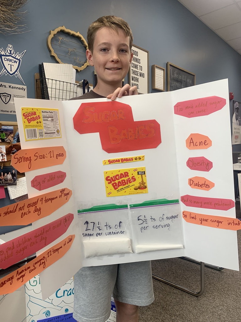 Health classes have been learning about the harmful effects of sugar on our health. Students created a Sugar Shocker Board to draw attention to the amount of added sugar in our processed foods.  The American Heart Association recommends men not to exceed 9 tsps. of sugar per day and females and children under 18 not to exceed 6 tsps. per day. Students measured out the number of teaspoons in some of their favorite products and displayed the information in the library.