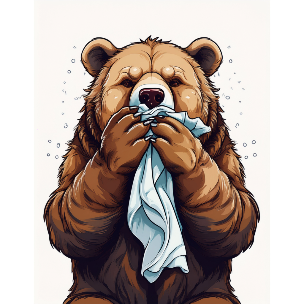 Grizzly sneezing into a hankerchief