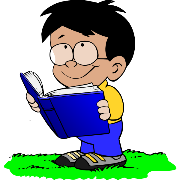 A cartoon illustration of a smiling boy with dark hair and glasses, wearing a yellow shirt and blue pants, standing on green grass while holding and reading a large open blue book.