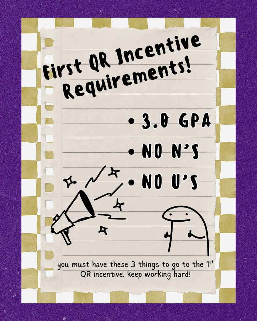 A school flyer with a gold-and-white checkered border and a purple background. The title reads, “First QR Incentive Requirements!” followed by a bulleted list: “3.0 GPA,” “No N’s,” and “No U’s.” Below, there’s a drawing of a megaphone with sparkles and a simple doodle of a smiling stick figure. Text at the bottom says, “You must have these 3 things to go to the 1st QR incentive. Keep working hard!”