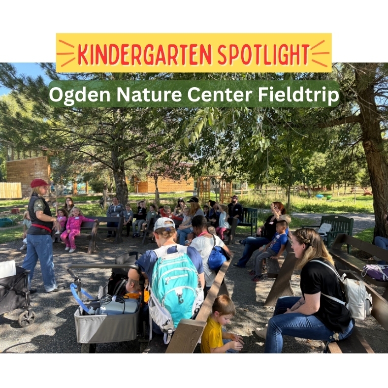 Kindergarten spotlight- Ogden Nature Center Fieldtrip. Students & chaperones sitting on benches listening to guide