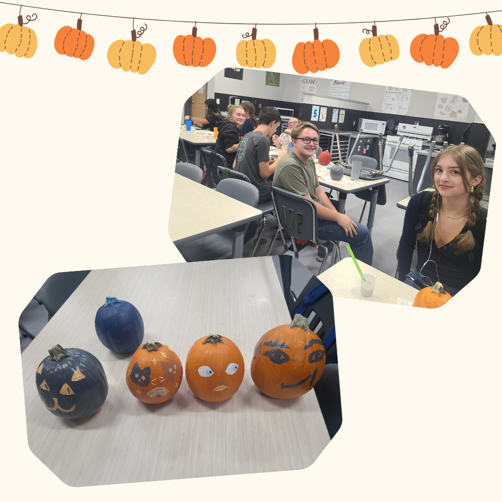 Photos of Roy Jr Students painting pumpkins at an FCCLA activity. 