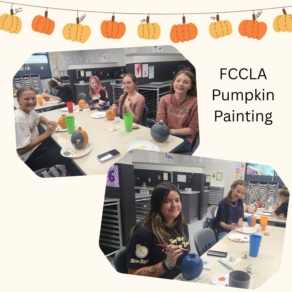 Photos of Roy Jr Students painting pumpkins at an FCCLA activity. 