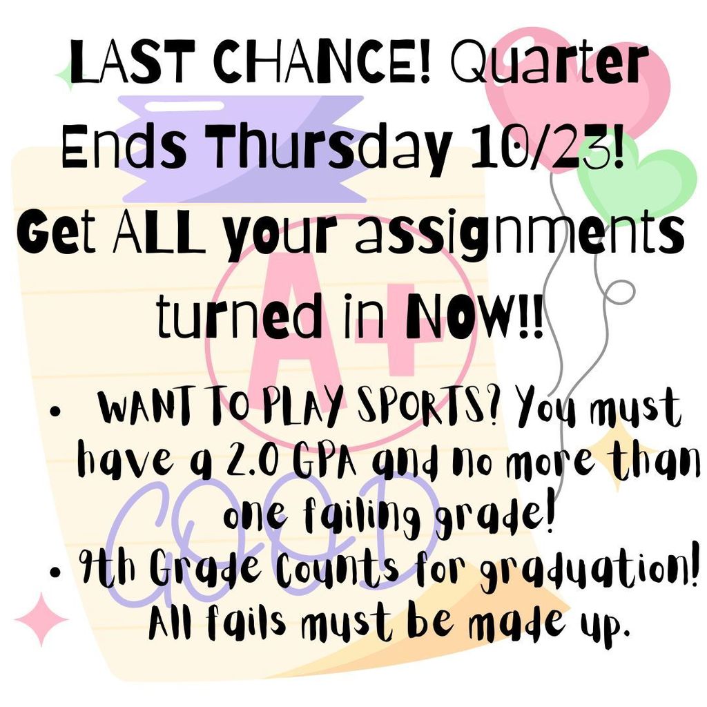  LAST CHANCE! Quarter Ends Thursday 10/23!  Get ALL your assignments turned in NOW!!