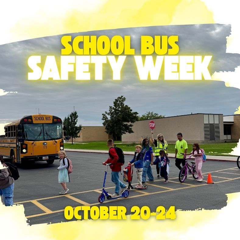 School bus safety week October 20-24. crossing guard helping kids cross