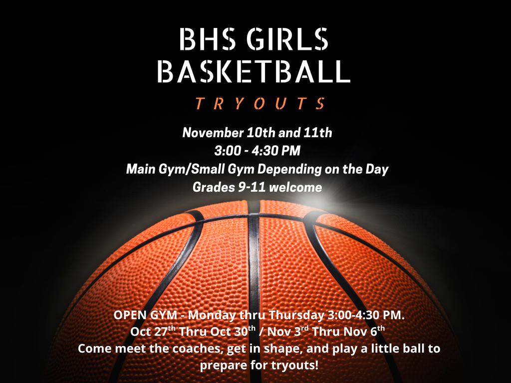 Girls Basketball Tryouts 11/10-11/11 3-4:30PM