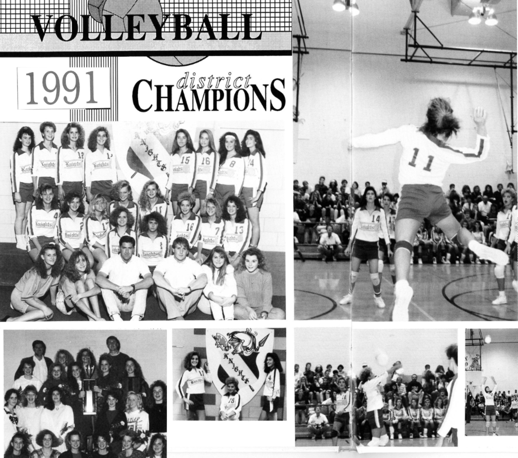 A black-and-white collage from 1991 featuring the North Ogden Jr High volleyball team, labeled “District Champions.” The photos show the team posing in uniforms with “Knights” written on the jerseys, players in action during a game, and group shots with a trophy. The gymnasium and audience are visible in the background of some images.