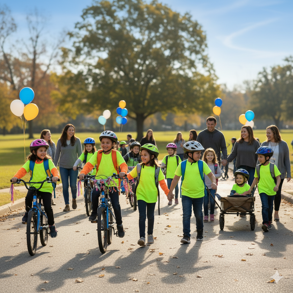 Many children are wearing neon yellow or green shirts, and those on bikes have helmets. Some adults are holding hands with children, and one child is in a wagon being pulled by an adult
