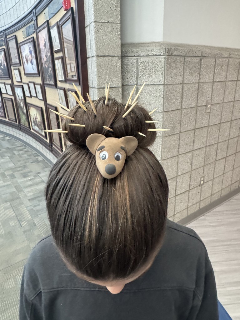 Spirit Week Crazy hair day. Students hair in a bun looks like a porcupine