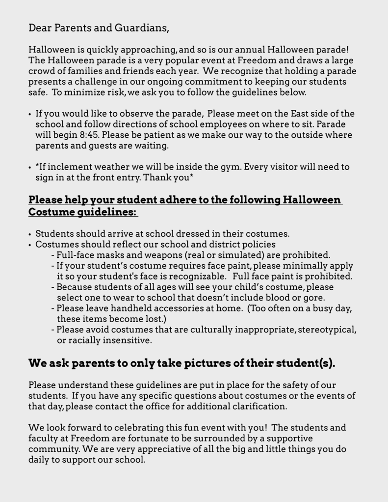 Letter with all the costume guidlelines 