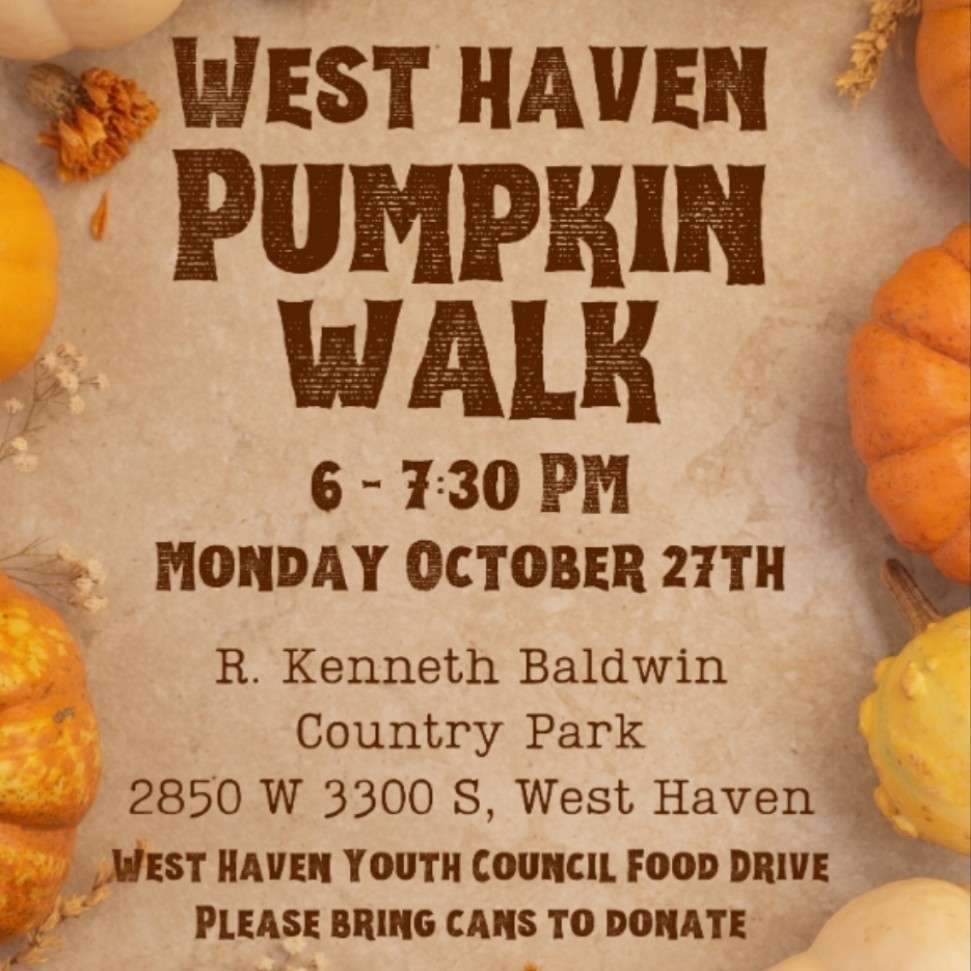 Flyer for the West Haven Pumpkin Walk event. The background features beige stone with scattered white, orange, and yellow pumpkins and autumn leaves. The text reads: ‘West Haven Pumpkin Walk, 6–7:30 PM, Monday October 27th, R. Kenneth Baldwin Country Park, 2850 W 3300 S, West Haven. West Haven Youth Council Food Drive — Please bring cans to donate.
