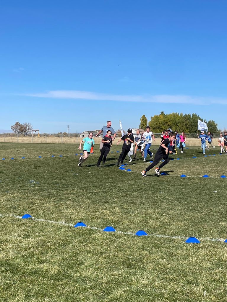 Children are running in a race across a grassy field on a sunny day. An adult is visible in the middle ground, and two children are holding white flags in the background. Blue cones line the front of the image.