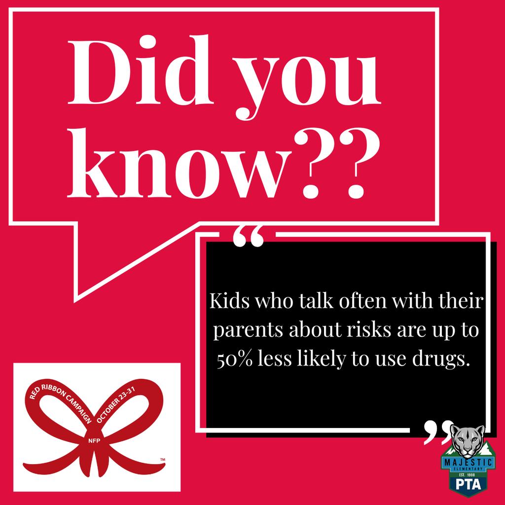 Did you know? Kids who talk often with their parents about risks are up to 50%les likely to use drugs. Words are in text boxes picture of a red ribbon and Majestic PTA logo