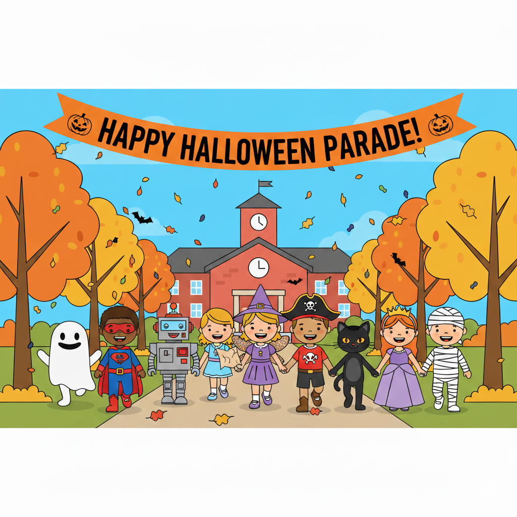 A colorful cartoon illustration depicting a "Happy Halloween Parade!" A diverse group of eight elementary-aged children in various Halloween costumes walk along a path in front of a red brick school building. The costumes visible include a ghost, Superman, a robot, a witch, a pirate, a black cat, a princess, and a mummy. An orange banner above them reads "HAPPY HALLOWEEN PARADE!"