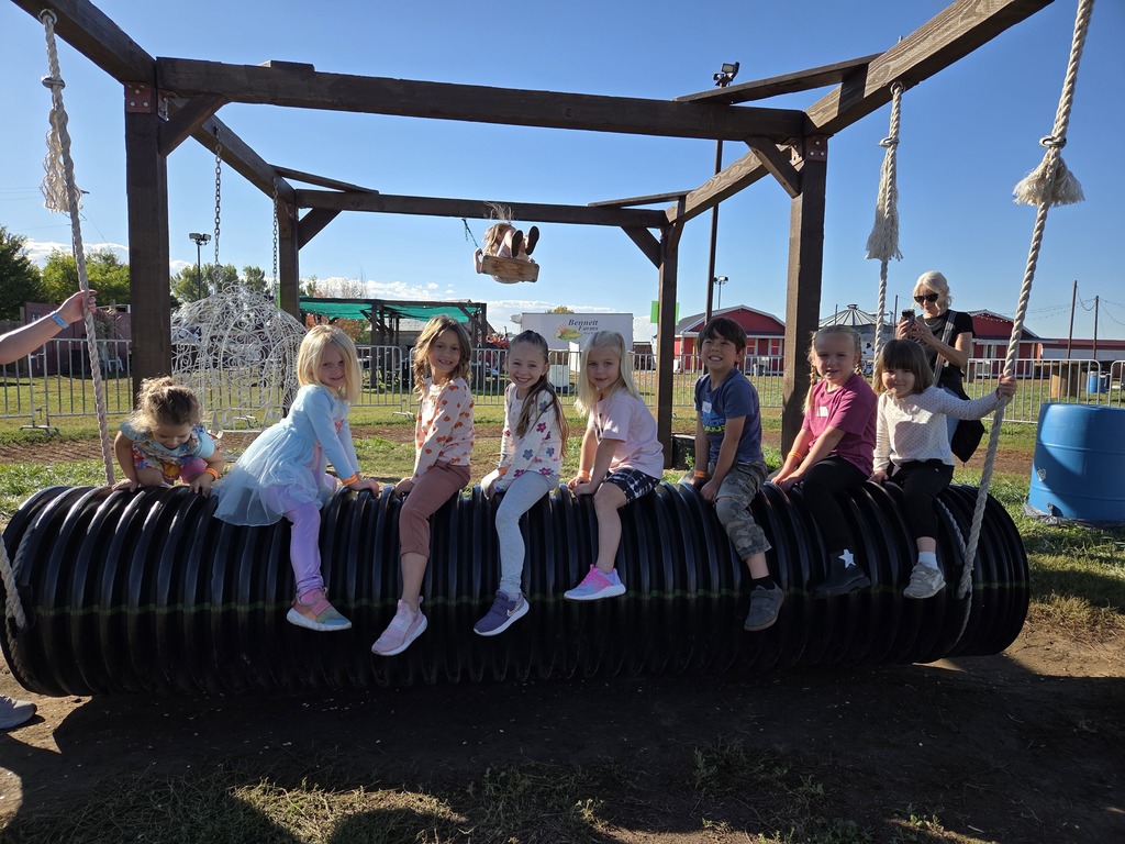 Eight Lomond View students sit side-by-side, smiling on a large swing made from a black corrugated pipe at a farm.