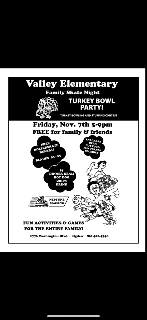A flyer announcing free skating at neptune skating for valley elementary students on Friday, November 7th from 5-9 pm.